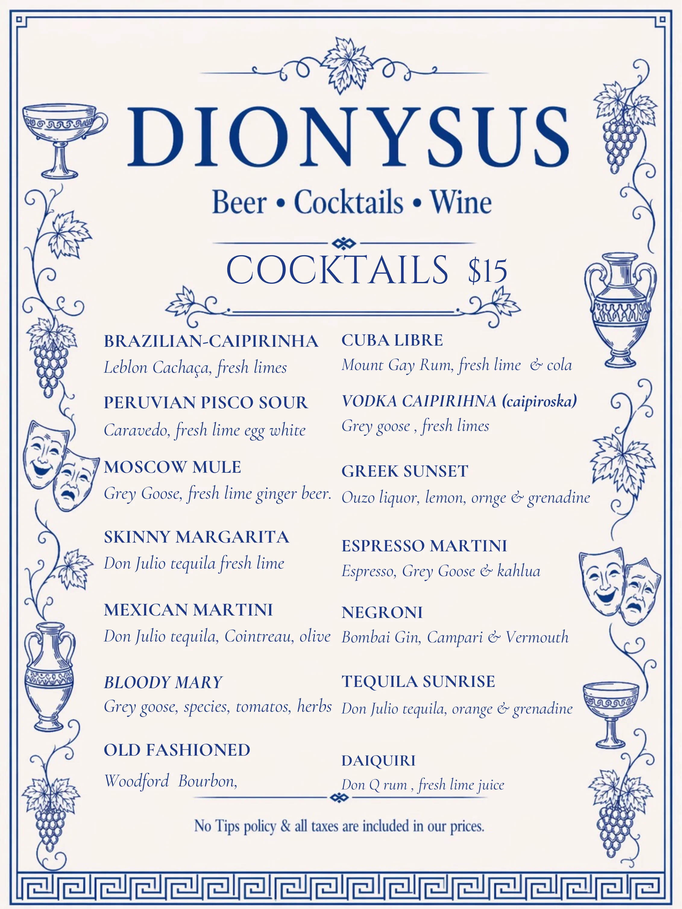 Cocktails menu